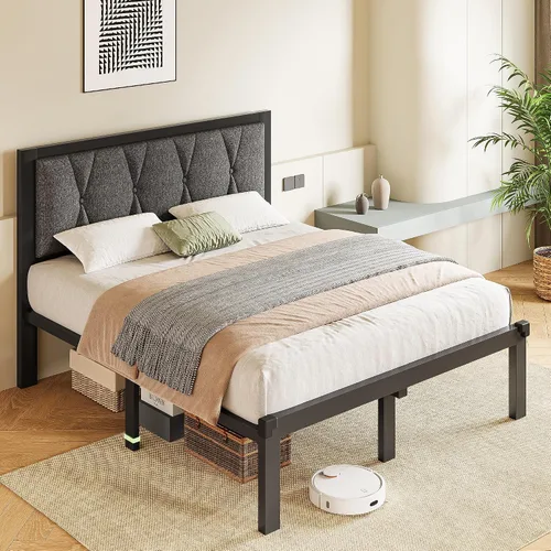 Vista 9 de GalnFu Base de cama de tamaño matrimonial con cabecera capitoné con botones, plataforma tapizada de piel sintética, marco de cama de metal