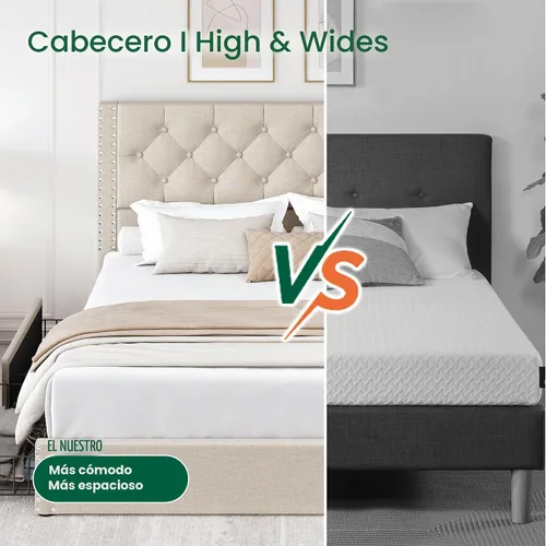 Vista 8 de LARMACE Base de cama tamaño matrimonial con 4 cajones de almacenamiento y cabecera copetada, base de cama tapizada en lino con listones de madera