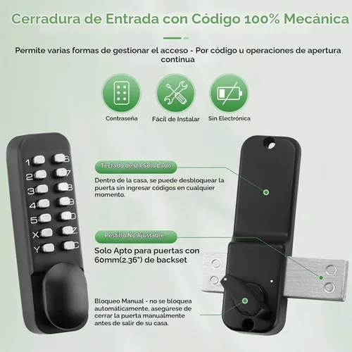 Vista 4 de Cerradura mecánica de puerta de entrada con teclado de un solo lado Negro mate