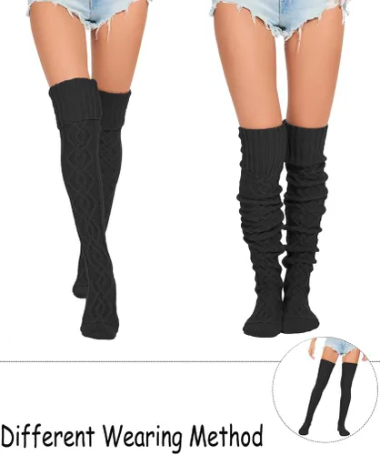 Vista 4 de HYTENSUN Calcetines altos de punto para mujer, calcetines altos gruesos por encima de la rodilla, calcetines de tubo de ganchillo, calentadores