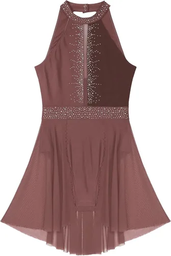 Vista 4 de Disfraz de danza lírica para mujer, cuello halter, falda fluida, leotardo de ballet, ropa de baile moderna y contemporánea