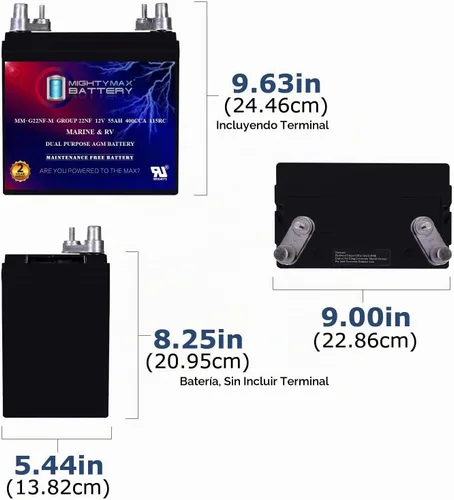 Vista 2 de Mighty Max Battery ML55-12MAR - 12 V 55 AH, Terminal de poste marino, batería recargable SLA AGM