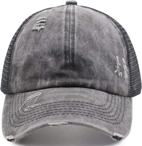 Vista 2 de Gorra de béisbol para cola de caballo para mujer, ajustable, vintage, estilo camionero, mezclilla lavada