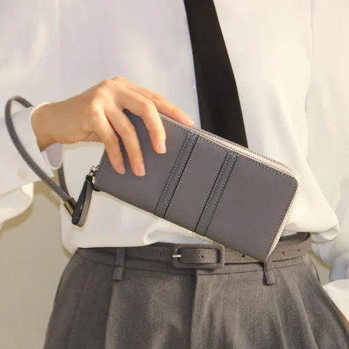 Vista 4 de Carteras con cremallera para mujer, de gran capacidad, cartera larga para chequera, cartera de mano con correa para la muñeca, Gris, Classic