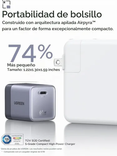 Vista 3 de UGREEN Nexode Air - Bloque de carga USB C GaN de 65 W con cable de 3.3 pies Gris