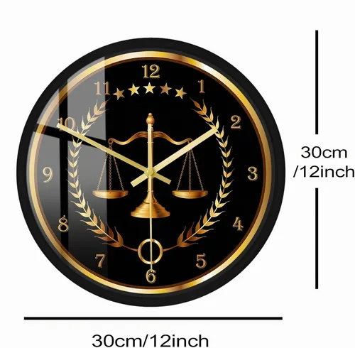 Vista 2 de Scale of Justice - Reloj redondo con marco de metal, funciona con pilas, de cuarzo, sin tictac, marco de aluminio negro, reloj de pared
