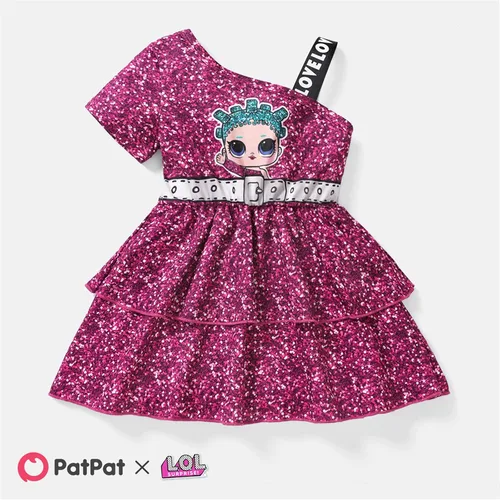 Vista 6 de L.O.L. Surprise! Vestido escalonado para niñas, estampado de figura en capas, un hombro, vestido casual fluido, talla 6-12