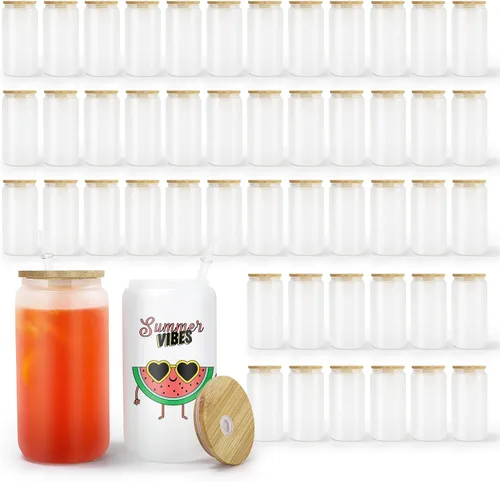 Vista 12 de AGH - Paquete de 12 latas de vidrio de sublimación transparentes de 16 onzas con tapas y popotes de bambú, tarro de vidrio helado de masón, vaso