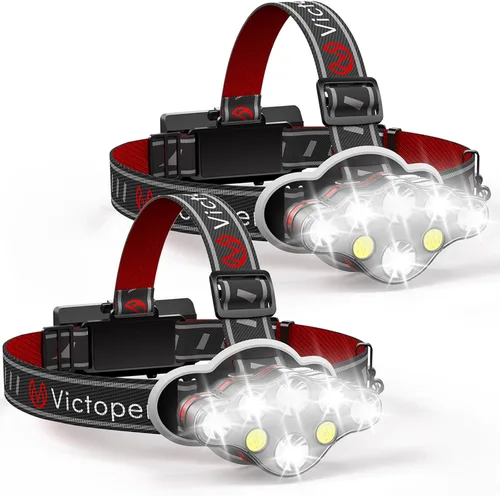 Vista 10 de Victoper - Linterna frontal recargable, 8 LED de 18000 lúmenes con luz roja, linterna frontal USB ligera, impermeable, de 8 modos, equipo para Negro