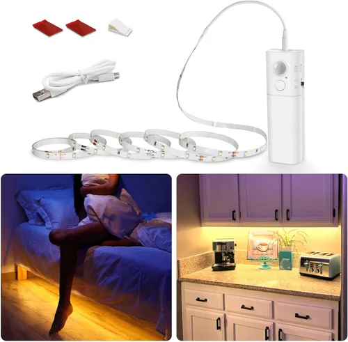 Vista 9 de WOBANE Tira de luz recargable con sensor de movimiento, luces LED para armario, escalera, despensa, armario, cama, casillero, 2700 K, blanco cálido