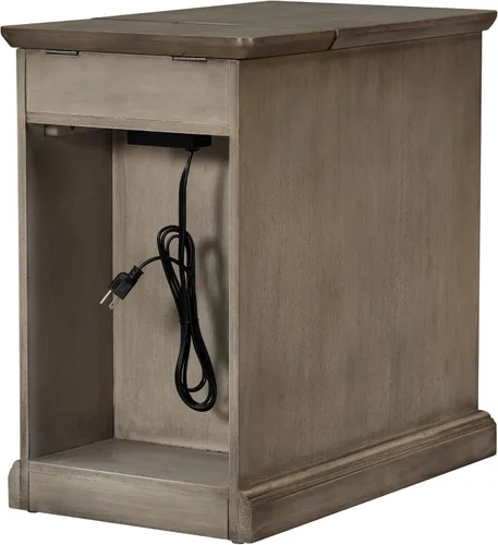 Vista 9 de Mesa auxiliar vintage para sala de estar, mesita de noche multifuncional con puertos USB y cajón con portavasos (marrón antiguo/USB*)