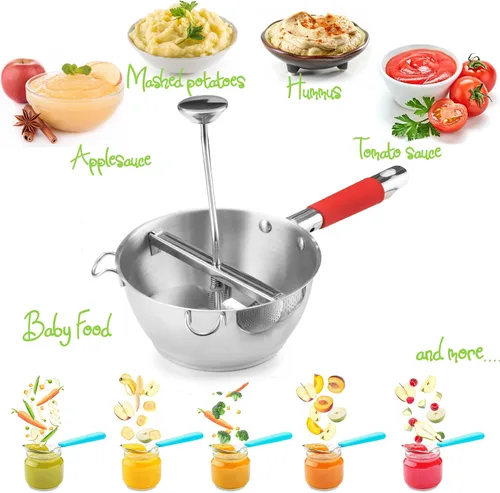 Vista 5 de Molino de alimentos de acero inoxidable – 3 discos de molinillo de alimentos – Enricer de patatas para puré de papas – Manivela de mano