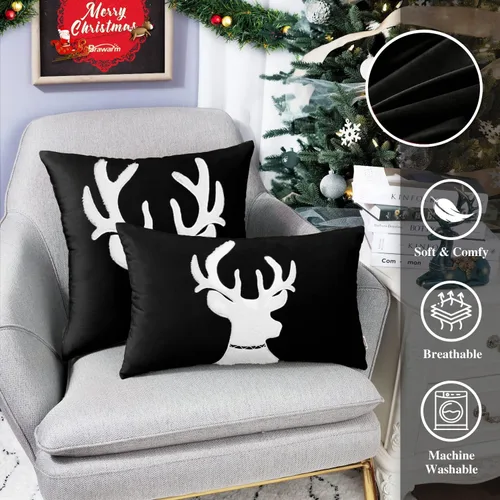 Vista 3 de BRAWARM Christmas Reindeer Pillow Cover 18x18 Black Velvet Embroidered Reno negro