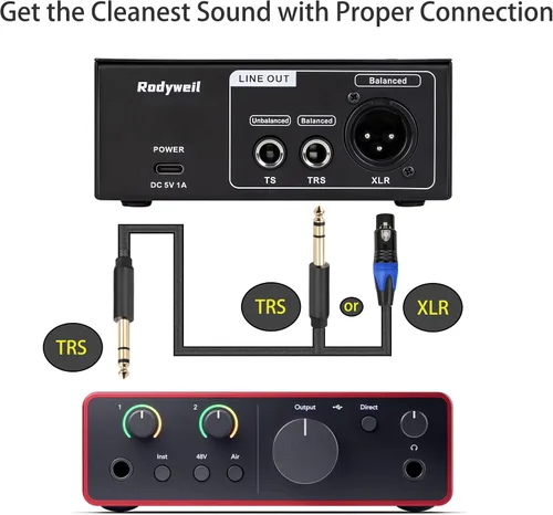 Vista 3 de Preamplificador de micrófono con ganancia ajustable de 19~75db, salida de línea balanceada y 48V para micrófono dinámico, de condensador, de cinta