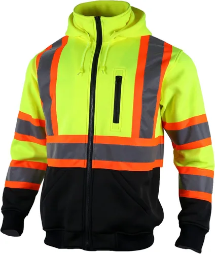 Vista 8 de VENDACE Sudadera con capucha de forro polar reflectante de alta visibilidad ANSI Clase 1 para hombres con capucha desmontable (negro, S)
