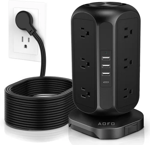 Vista 8 de Torre de tira de alimentación AOFO con protector contra sobretensiones, 12 tomas de CA con estación de carga de 4 USB (1 USB C) con protección