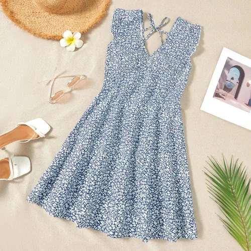 Vista 4 de Vestidos a juego para mamá y yo, con estampado floral, sin mangas, tirantes delgados, cuello en V, girasol, vestido de playa para madre e hija