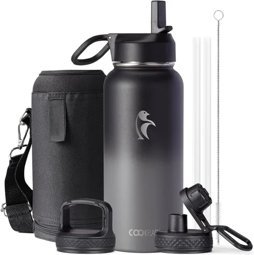 Vista 103 de Coolflask Botella de agua de 20 onzas aislada con pajilla, 3 tapas de metal de acero inoxidable, botella de agua de boca ancha para deportes u