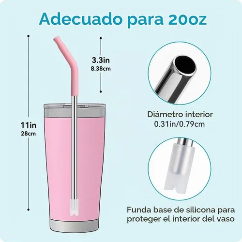 Vista 4 de Pajitas de metal rectas de 20 onzas con punta de silicona para vaso de 20 onzas, popote de metal reutilizable de acero inoxidable para YETI 1