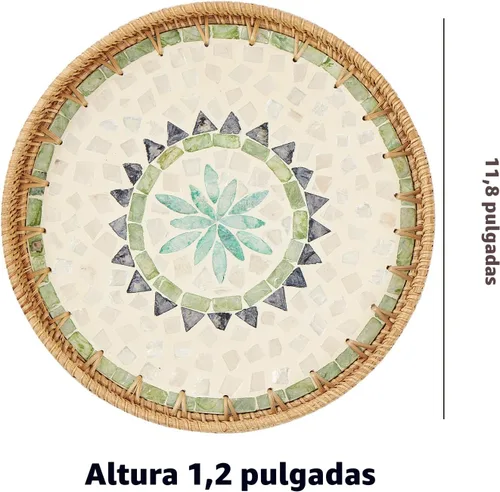 Vista 6 de Kmelep Bandeja redonda de ratán con incrustaciones de madreperla, bandeja de ratán con base de madera, cesta decorativa de mimbre para decoración