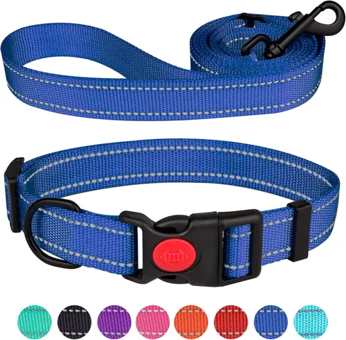 Vista 6 de Juego de collar y correa reflectante para perro con hebilla de bloqueo de seguridad, collares de nailon para mascotas ajustables para perros Negro