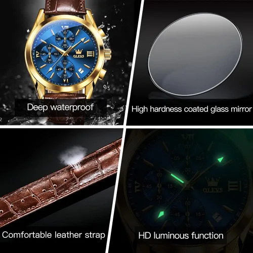Vista 7 de OLEVS Reloj cronógrafo de cuarzo para hombre correa de cuero dorada con fecha de día reloj de pulsera de acero inoxidable impermeable relojes