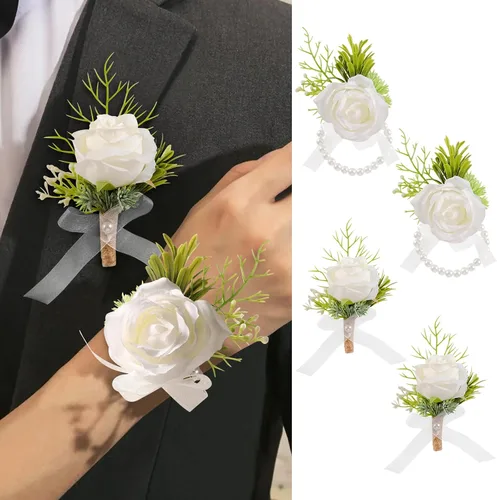 Vista 13 de Garisey Flores Artificiales Rosas Blancas Flores de Muñeca y Boutonniere para Hombres Flores de Boda Ceremonia Baile de Graduación