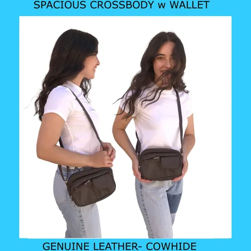 Vista 3 de Bolso de hombro de piel de vaca para mujer, pequeño organizador de cuerpo cruzado con muchos bolsillos