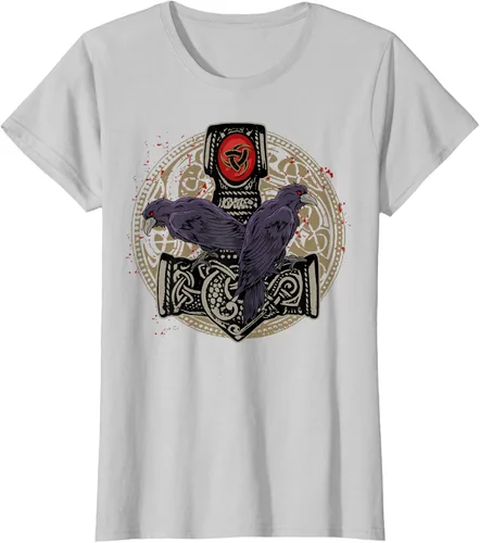 Vista 22 de Thors Hammer Mjolnir Huginn and Muninn Odin Raven - Camiseta, Negro, S