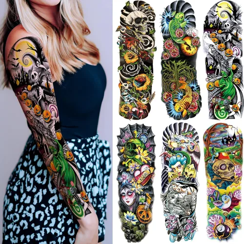 Vista 13 de Mangas temporales de tatuaje de bosque, brazo completo, lobo grande, león, animal, bosque, tribal, tatuajes falsos para hombres, mujeres y adultos