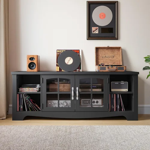 Vista 4 de LINSY HOME Soporte de TV estilo granja para TV de 65 pulgadas, centro de entretenimiento de madera con gabinete de almacenamiento con puerta