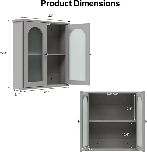 Vista 2 de Botiquín de baño de 22 x 23 pulgadas, gabinete de pared para baño con arqueado Gris