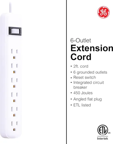 Vista 3 de GE - Protector de sobretensión de 6 tomas, extensión de 2 pies, regleta multicontactos, 450 julios, tapas de seguridad de cierre por torsión