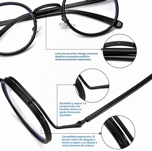 Vista 3 de Dollger Gafas redondas con bloqueo de luz azul, marcos retro con olor a Negro