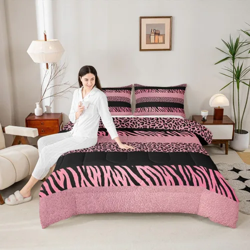 Vista 28 de Juego de edredón con estampado de leopardo para niños, tamaño individual, juego de ropa de cama de moda de piel de guepardo abstracto, decoración