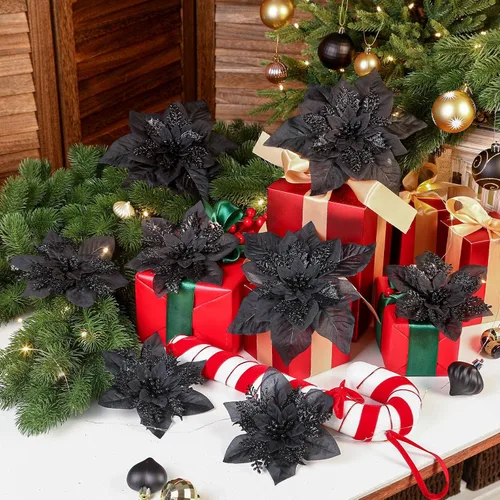 Vista 7 de Alupssuc 24 PCS Flores de Pascua Navideñas Negras Artificiales con Purpurina, Decoraciones Navideñas para Árbol, Corona, Chimenea, Flores de Pascua