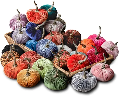 Vista 13 de Juego de 4 pequeñas calabazas de franela de terciopelo y algodón, decoración a cuadros de búfalo blanco y negro, estantes de calabaza negra