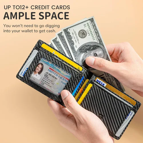 Vista 4 de GSOIAX Billetera delgada para hombre con bloqueo RFID, carteras plegables para hombre, minimalista, cuero auténtico, fibra de carbono, clip