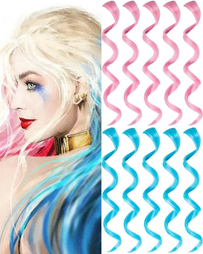 Vista 12 de 10 extensiones de cabello sintético rizado y ondulado negro con clip, reflejos de fiesta de neón arcoíris, accesorios de cabello coloridos