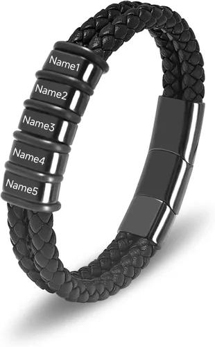 Vista 14 de Pulsera personalizada para hombre con cuentas de nombre personalizadas, pulsera de cuero trenzado personalizada grabada con 2-6 nombres