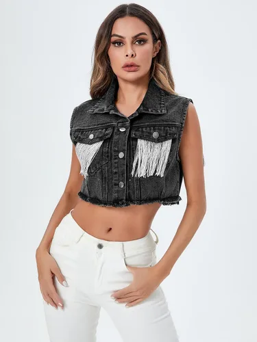 Vista 2 de Verdusa Chaleco de mezclilla sin mangas con flecos para mujer