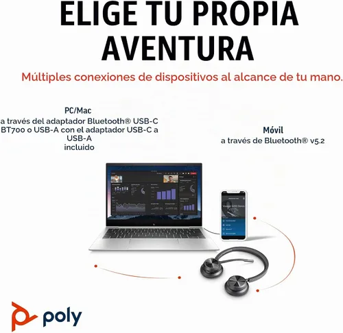 Vista 5 de Poly Voyager 4320 UC Auriculares inalámbricos (Plantronics) - Auriculares estéreo con micrófono con cancelación de ruido - Conecta PC/Mac/Móvil vía
