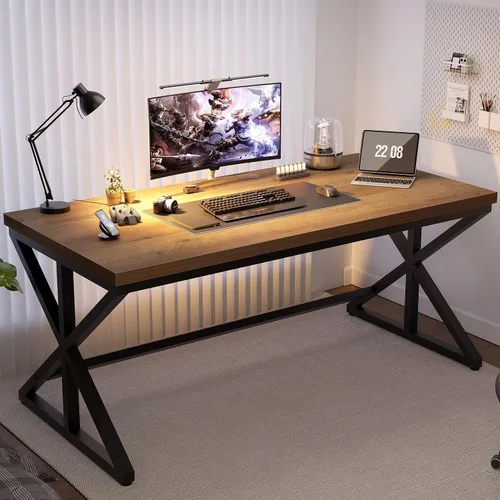 Vista 17 de IBF - Escritorio de oficina negro, moderno escritorio de metal de madera para computadora en oficina, 47 pulgadas