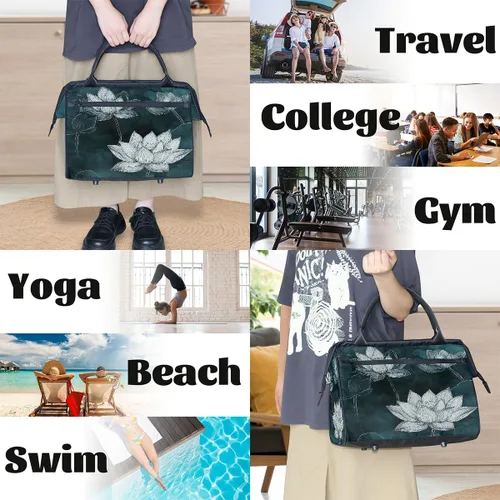 Vista 7 de Travel Duffel Bag Ink Lotus Gym Bags for Women Men, Lightweight Waterproof Weekender Overnight Bags Carry On Travel Tote Bag
