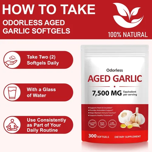 Vista 5 de Extracto de ajo envejecido equivalente a 7500 mg, cápsulas blandas de ajo sin olor de alta potencia 15:1, apoya la salud del corazón, la circulación