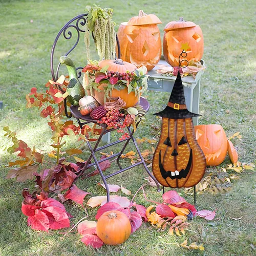 Vista 4 de Linfevisi Estacas de metal para jardín de Halloween, letrero de Halloween, decoración de calabaza, estacas de metal Jack-O'-Lantern, decoración