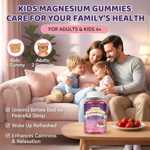 Vista 8 de Gomitas calmantes de magnesio para niños y adultos, complejo de magnesio con L-teanina, vitamina C, K2, D3, Omega-3, GABA, manzanilla, apoya