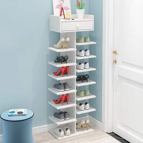Vista 2 de Zapatero multicapa con cajón, blanco, ajustable de 8 niveles, 15.74 x 48 x 8.66 pulgadas