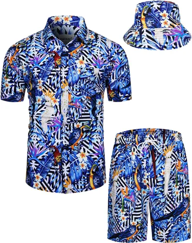 Vista 71 de TUNEVUSE Conjunto de camisas y pantalones cortos hawaianos para hombre, 2 piezas, trajes de playa con estampado de flores, traje tropical de verano