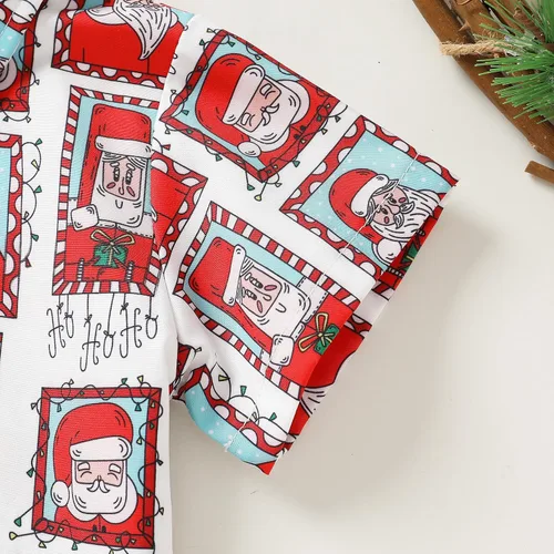Vista 5 de JEELLIGULAR Conjunto de pantalones cortos y camisa con botones y estampado de Papá Noel para niños pequeños